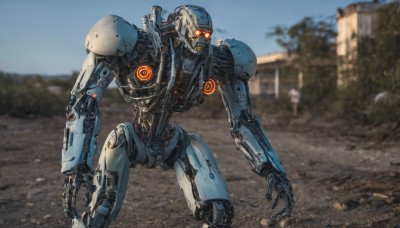 solo,outdoors,blurry,orange eyes,no humans,blurry background,glowing,robot,mecha,glowing eyes,science fiction,open hand,looking ahead,open hands,humanoid robot,military,realistic,one-eyed,photo background