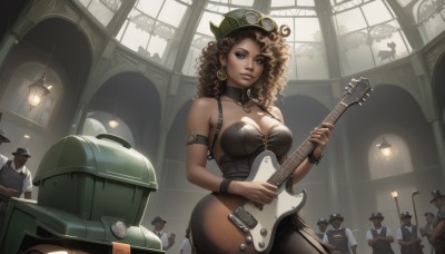 1girl,long hair,breasts,looking at viewer,blue eyes,large breasts,brown hair,hat,dress,holding,cleavage,bare shoulders,brown eyes,jewelry,medium breasts,earrings,parted lips,multiple boys,solo focus,choker,indoors,dark skin,uniform,black dress,bracelet,dark-skinned female,lips,military,watermark,robot,goggles,ground vehicle,instrument,armband,motor vehicle,armlet,6+boys,curly hair,goggles on head,hoop earrings,realistic,nose,music,guitar,leather,playing instrument,holding instrument,electric guitar,crowd,drum,bass guitar,afro,steampunk,drum set,necklace,collar,corset,lamp