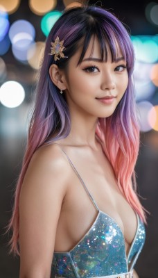 1girl,solo,long hair,breasts,looking at viewer,smile,bangs,black hair,hair ornament,dress,cleavage,bare shoulders,brown eyes,jewelry,medium breasts,closed mouth,collarbone,upper body,pink hair,purple hair,multicolored hair,earrings,small breasts,sleeveless,hairclip,artist name,blurry,black eyes,two-tone hair,lips,eyelashes,sideboob,gradient hair,makeup,depth of field,blurry background,blue dress,watermark,web address,realistic,nose,bokeh,signature,blunt bangs