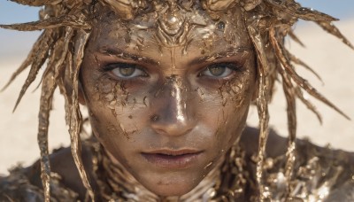 1girl,solo,looking at viewer,short hair,brown eyes,closed mouth,blurry,lips,grey eyes,eyelashes,blurry background,helmet,portrait,close-up,realistic,headpiece,straight-on,gold,blonde hair,1boy,yellow eyes,male focus,scales,cracked skin