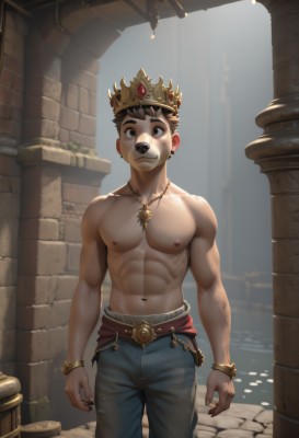 solo,looking at viewer,smile,short hair,brown hair,1boy,navel,brown eyes,jewelry,closed mouth,nipples,standing,male focus,cowboy shot,earrings,outdoors,belt,pants,necklace,stomach,black eyes,bracelet,muscular,abs,thick eyebrows,crown,pectorals,denim,muscular male,bara,furry,toned,topless male,jeans,arms at sides,blue pants,furry male,pillar,animal ears,day,water,sunlight,gem,large pectorals,male child,fountain