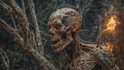 solo,open mouth,upper body,teeth,armor,from side,tree,no humans,fire,sharp teeth,portrait,1other,science fiction,skull,monster,skeleton,bare tree,alien,blurry,snow,branch,flame,bone,horror (theme),burning