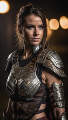 1girl,solo,long hair,looking at viewer,blue eyes,brown hair,closed mouth,upper body,armor,blurry,lips,grey eyes,shoulder armor,pauldrons,breastplate,realistic,nose,chainmail,boobplate,black hair,cape,scar