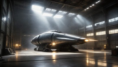 HQ,indoors,no humans,window,sunlight,building,scenery,reflection,science fiction,light rays,realistic,aircraft,light,sunbeam,vehicle focus,spacecraft,hallway,lights,ceiling light,signature,military,tiles,airplane,tile floor,ceiling