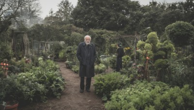 short hair,blonde hair,shirt,1boy,standing,jacket,flower,white hair,male focus,outdoors,multiple boys,necktie,pants,2boys,black footwear,tree,coat,facial hair,black pants,formal,suit,plant,nature,scenery,forest,cigarette,black coat,hands in pockets,smoking,road,bush,looking at viewer,day,beard,bald,wide shot,old,old man