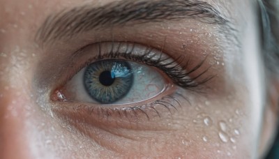 1girl,solo,looking at viewer,blue eyes,1boy,blurry,eyelashes,depth of field,close-up,1other,reflection,water drop,realistic,eye focus,male focus