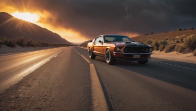 outdoors,sky,cloud,tree,no humans,cloudy sky,ground vehicle,nature,scenery,motor vehicle,sunset,mountain,sun,car,road,vehicle focus,sports car,forest,evening,sunrise,desert