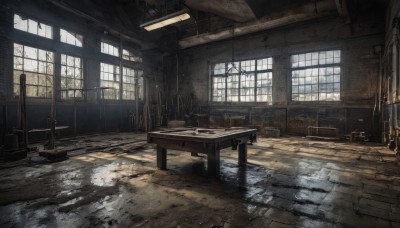 day,indoors,water,no humans,window,chair,table,sunlight,scenery,desk,light rays,wooden floor,sunbeam,ruins,wooden chair,tiles,lamp,tile floor,broken,ceiling,ceiling light,wooden table