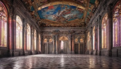 day,indoors,no humans,window,sunlight,scenery,reflection,light rays,stairs,fantasy,door,tiles,architecture,sunbeam,tile floor,pillar,painting (object),stained glass,church,arch,reflective floor,column,sky,cloud,wooden floor,statue,floor,banner,ceiling,stone floor