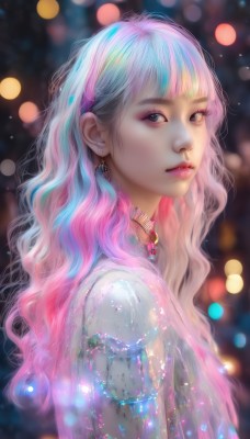 1girl,solo,long hair,looking at viewer,bangs,jewelry,closed mouth,blue hair,upper body,pink hair,multicolored hair,earrings,choker,artist name,necklace,blurry,from side,two-tone hair,lips,see-through,eyelashes,gradient hair,makeup,depth of field,blurry background,watermark,wavy hair,gem,eyeshadow,realistic,nose,bokeh,rainbow hair,blue eyes,parted lips,blunt bangs,looking to the side,lipstick,light particles,lens flare,pink lips,eyeliner,mascara