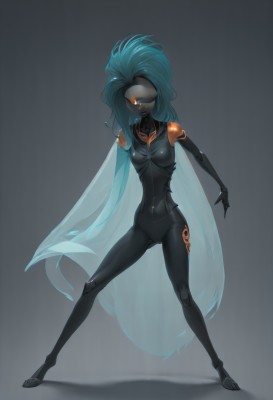 1girl,solo,long hair,breasts,looking at viewer,simple background,medium breasts,blue hair,standing,full body,small breasts,grey background,cape,aqua hair,bodysuit,mask,glowing,colored skin,robot,science fiction,legs apart,android,joints,cyborg,robot joints,black skin,very long hair,dark skin,orange eyes,glowing eyes