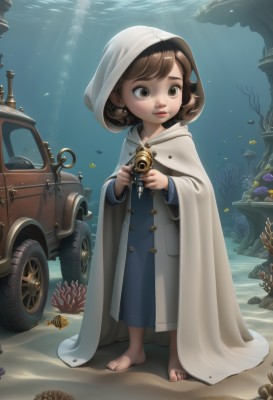 1girl,solo,short hair,bangs,brown hair,dress,holding,brown eyes,jewelry,standing,full body,earrings,barefoot,hood,water,lips,coat,blue dress,ocean,sunlight,ground vehicle,child,cloak,motor vehicle,hood up,fish,bubble,underwater,camera,female child,shell,starfish,holding camera,seashell,coral,weapon,gun,toes,watermark,robe,light rays,sand,air bubble,watercraft