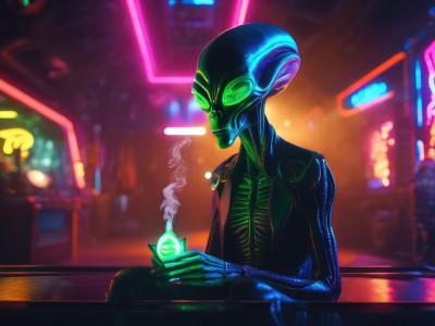 solo,1boy,holding,sitting,green eyes,jacket,upper body,male focus,blurry,cup,bodysuit,night,blurry background,glowing,steam,smoke,science fiction,alien,cyberpunk,neon lights,1girl,table,glowing eyes,smoking,bar (place),hologram