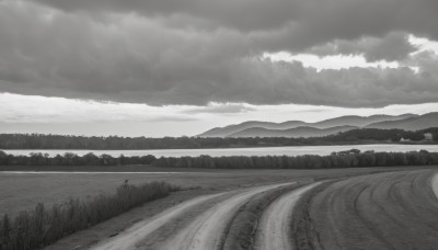 monochrome,greyscale,outdoors,sky,cloud,tree,no humans,cloudy sky,grass,nature,scenery,forest,mountain,horizon,road,field,river,landscape,mountainous horizon,path,hill