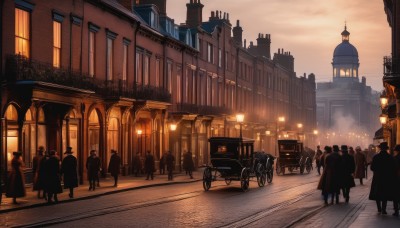 outdoors,multiple boys,sky,cloud,no humans,window,ground vehicle,building,scenery,motor vehicle,6+boys,sunset,city,car,road,cityscape,lamppost,street,bicycle,crowd,people,pavement,6+others,vanishing point,multiple girls,hat,night,6+girls,cloudy sky,silhouette,multiple others,twilight,evening,dusk,wheelchair,sidewalk