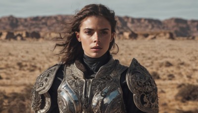 1girl,solo,long hair,looking at viewer,brown hair,brown eyes,closed mouth,upper body,outdoors,day,medium hair,armor,blurry,lips,blurry background,shoulder armor,pauldrons,breastplate,realistic,chainmail,desert