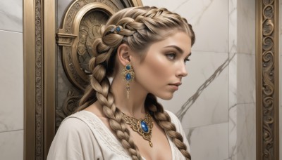 1girl,solo,long hair,breasts,blue eyes,blonde hair,brown hair,hair ornament,dress,cleavage,jewelry,upper body,braid,earrings,parted lips,necklace,white dress,twin braids,lips,looking to the side,grey eyes,eyelashes,profile,looking away,gem,hair over shoulder,reflection,mirror,realistic,nose,wall,multiple braids,medium breasts,closed mouth,indoors,from side,expressionless,portrait,french braid,pendant,blue gemstone