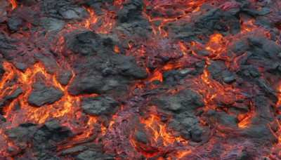 no humans, fire, scenery, rock, cave, molten rock