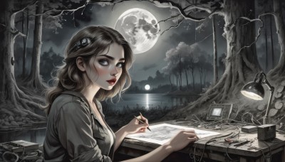 1girl,solo,long hair,breasts,looking at viewer,blush,blue eyes,brown hair,shirt,hair ornament,holding,medium breasts,upper body,outdoors,parted lips,sky,cloud,water,from side,tree,lips,grey eyes,makeup,night,moon,lipstick,nature,night sky,full moon,desk,sleeves rolled up,forest,freckles,paper,red lips,pen,lamp,pencil,holding pen,moonlight,grey theme,sitting,jacket