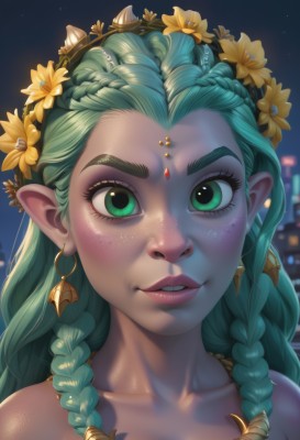 1girl,solo,long hair,looking at viewer,smile,hair ornament,bare shoulders,jewelry,green eyes,collarbone,braid,flower,earrings,outdoors,parted lips,green hair,sky,teeth,pointy ears,hair flower,necklace,blurry,twin braids,lips,eyelashes,aqua hair,night,facial mark,portrait,night sky,close-up,freckles,yellow flower,head wreath,bangs,shiny,artist name,blurry background,watermark,thick eyebrows,web address