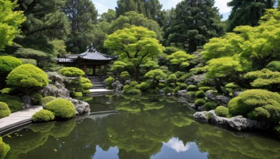 outdoors,sky,day,cloud,water,tree,blue sky,no humans,leaf,grass,building,nature,scenery,forest,reflection,rock,stairs,architecture,bridge,east asian architecture,river,landscape,shrine,stone lantern,pond,reflective water