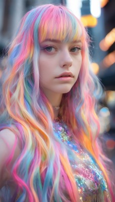 1girl,solo,long hair,looking at viewer,bangs,jewelry,blue hair,upper body,pink hair,multicolored hair,necklace,blurry,black eyes,lips,grey eyes,makeup,depth of field,blurry background,eyeshadow,freckles,realistic,nose,rainbow hair,parted lips,choker,artist name,blunt bangs,orange hair,streaked hair,eyelashes,aqua hair,watermark,wavy hair,web address,pink lips,bokeh,colorful,mascara