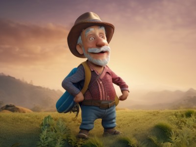 solo,smile,open mouth,shirt,1boy,hat,standing,full body,white hair,grey hair,male focus,outdoors,sky,collared shirt,belt,pants,cloud,bag,facial hair,brown footwear,backpack,grass,red shirt,beard,mountain,realistic,mustache,blue pants,brown belt,old,old man,looking at viewer,long sleeves,shoes,vest,denim,scenery,sunset,hands on hips,jeans,rock,cowboy hat