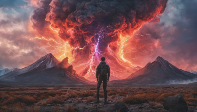 solo, 1boy, standing, male focus, outdoors, sky, cloud, from behind, bodysuit, cloudy sky, scenery, science fiction, mountain, lightning