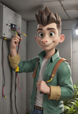 solo,looking at viewer,blush,smile,short hair,brown hair,shirt,1boy,green eyes,jacket,white shirt,male focus,open clothes,teeth,belt,pants,indoors,plant,denim,spiked hair,child,jeans,green jacket,cable,male child,wire,brown eyes,open jacket,thick eyebrows,wall