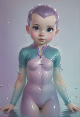 1girl,solo,breasts,looking at viewer,short hair,blue eyes,closed mouth,purple hair,cowboy shot,small breasts,shiny,water,leotard,lips,wet,see-through,bodysuit,covered navel,cameltoe,skin tight,wading,partially submerged,freckles,nose,hair slicked back,purple bodysuit,realistic