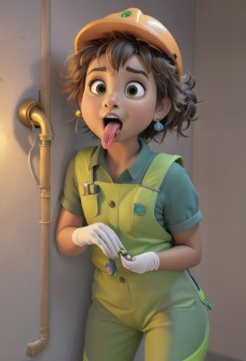 1girl,solo,looking at viewer,short hair,open mouth,brown hair,shirt,black hair,gloves,hat,holding,jewelry,green eyes,standing,short sleeves,cowboy shot,earrings,teeth,tongue,collared shirt,white gloves,tongue out,saliva,upper teeth only,ring,freckles,pocket,realistic,green shirt,overalls,badge,oral invitation,uvula,hardhat,brown eyes,dark skin,dark-skinned female,wide-eyed,nose