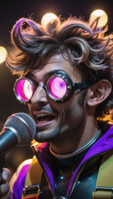 solo,looking at viewer,smile,short hair,open mouth,brown hair,black hair,1boy,holding,purple eyes,jacket,upper body,grey hair,male focus,multicolored hair,parted lips,glasses,teeth,pink eyes,vest,streaked hair,glowing,facial hair,goggles,portrait,microphone,beard,zipper,realistic,round eyewear,mustache,music,holding microphone,shirt,sleeveless,artist name,dark skin,lips,turtleneck,dark-skinned male,messy hair,nose