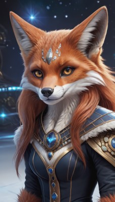 1girl,solo,long hair,breasts,looking at viewer,long sleeves,animal ears,jewelry,closed mouth,upper body,earrings,small breasts,outdoors,artist name,signature,necklace,orange hair,armor,orange eyes,animal ear fluff,fur trim,fox ears,night,brooch,fox girl,shoulder armor,gem,furry,circlet,furry female,body fur,white fur,forehead jewel,fur,animal nose,fox,snout,brown fur,two-tone fur,blue gemstone,green gemstone,orange fur,brown eyes,animal