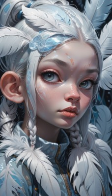 1girl,solo,long hair,looking at viewer,blue eyes,hair ornament,closed mouth,upper body,braid,white hair,parted lips,artist name,twin braids,lips,grey eyes,eyelashes,makeup,facial mark,thick eyebrows,feathers,portrait,forehead,zipper,freckles,realistic,nose,red lips,feather hair ornament,multiple braids,bangs,jacket,ponytail,sidelocks,fur trim,tattoo,watermark,head wings,web address,eyeliner,facepaint,facial tattoo,mascara,wing hair ornament