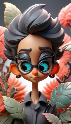 1girl,solo,looking at viewer,short hair,blue eyes,shirt,black hair,jewelry,closed mouth,upper body,flower,earrings,glasses,collared shirt,dark skin,blurry,dark-skinned female,lips,blurry background,leaf,thick eyebrows,bug,plant,goggles,portrait,grey shirt,black-framed eyewear,round eyewear,brown hair,1boy,male focus,artist name,aged down,spiked hair,child,tentacle hair,male child