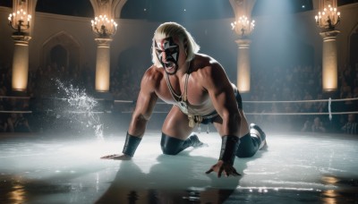 solo,open mouth,blonde hair,1boy,jewelry,male focus,dark skin,necklace,kneeling,mask,muscular,all fours,candle,bracer,looking at viewer,full body,teeth,solo focus,indoors,shadow,facial hair,muscular male,realistic,light,shouting,crowd,wrestling outfit,spotlight,chandelier,wrestling ring