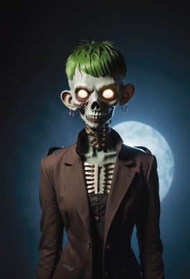 solo,looking at viewer,short hair,shirt,long sleeves,1boy,jewelry,jacket,upper body,male focus,earrings,green hair,open clothes,teeth,open jacket,coat,mask,night,glowing,moon,glowing eyes,full moon,skull,brown jacket,hoop earrings,stitches,white eyes,no pupils,skeleton,horror (theme),black jacket,black shirt,blue background,ribs