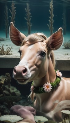 solo,looking at viewer,blue eyes,blonde hair,upper body,flower,signature,blurry,black eyes,no humans,blurry background,animal,white flower,realistic,animal focus,lily pad,pig,deer,choker,water,leaf,plant,underwater