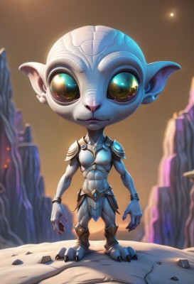 1girl,solo,looking at viewer,1boy,jewelry,closed mouth,green eyes,standing,full body,male focus,earrings,pointy ears,artist name,armor,blurry,fingernails,blurry background,glowing,colored skin,shoulder armor,glowing eyes,claws,furry,pauldrons,blue skin,fewer digits,yordle,bracelet,muscular,abs,rock,furry female,alien