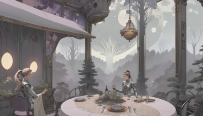 1girl,long hair,multiple girls,blonde hair,brown hair,long sleeves,holding,2girls,sitting,closed eyes,ponytail,food,sky,pointy ears,indoors,armor,tree,cup,window,profile,night,chair,moon,table,bottle,high ponytail,knife,plant,scenery,full moon,plate,drinking glass,fork,lamp,tablecloth,smile,closed mouth,looking at another,book,shoulder armor,nature,holding cup,teacup,pauldrons,lantern,breastplate,open book,spoon,fantasy,candle