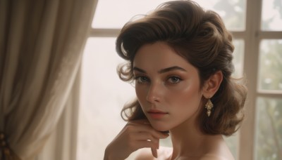 1girl,solo,looking at viewer,short hair,brown hair,brown eyes,jewelry,closed mouth,earrings,day,indoors,hand up,dark skin,medium hair,blurry,dark-skinned female,lips,eyelashes,window,blurry background,curtains,portrait,backlighting,freckles,realistic,nose,makeup,thick eyebrows,hand on own chin