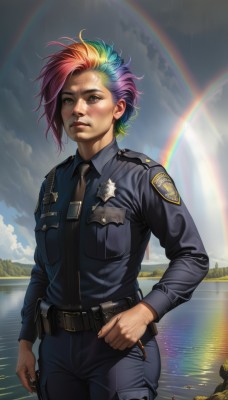 1girl,solo,looking at viewer,short hair,shirt,long sleeves,1boy,brown eyes,blue hair,standing,pink hair,purple hair,male focus,multicolored hair,cowboy shot,outdoors,parted lips,green hair,necktie,sky,day,collared shirt,belt,pants,artist name,cloud,signature,water,uniform,two-tone hair,lips,gun,ocean,watermark,black pants,cloudy sky,black necktie,web address,androgynous,handgun,pocket,black belt,realistic,nose,breast pocket,holster,badge,rainbow,police,police uniform,policewoman,patch,walkie-talkie,rainbow hair,green eyes,weapon,scar,blue shirt,freckles,rain,very short hair