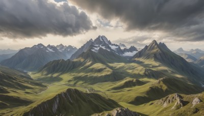 outdoors,sky,day,cloud,signature,tree,no humans,cloudy sky,nature,scenery,mountain,landscape,mountainous horizon,bird,sunlight,light rays