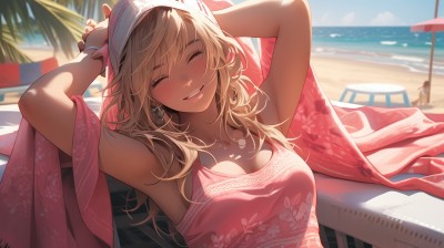 izumi mei,1girl,solo,long hair,breasts,blush,smile,bangs,blonde hair,large breasts,brown hair,hat,cleavage,bare shoulders,jewelry,medium breasts,collarbone,swimsuit,closed eyes,upper body,earrings,outdoors,parted lips,sky,sleeveless,solo focus,day,dark skin,armpits,water,necklace,nail polish,grin,blurry,arms up,bracelet,dark-skinned female,tree,blue sky,lips,blurry background,^ ^,ocean,umbrella,chair,beach,floral print,sunlight,tank top,tan,towel,arms behind head,facing viewer,camisole,sand,palm tree,blanket,shade,gyaru,beach umbrella,lounge chair,beach chair,shirt,teeth,cloud,swept bangs