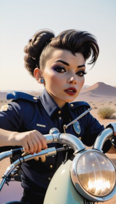 1girl,solo,looking at viewer,short hair,brown hair,black hair,brown eyes,jewelry,upper body,earrings,outdoors,parted lips,teeth,day,hair bun,nail polish,uniform,black eyes,lips,makeup,buttons,single hair bun,thick eyebrows,blue shirt,lipstick,ground vehicle,red nails,motor vehicle,red lips,stud earrings,riding,badge,motorcycle,police,police uniform,policewoman,on motorcycle,shirt,dark skin,mole,dark-skinned female,eyelashes,eyeshadow,asymmetrical hair,realistic,nose,eyeliner,bicycle,mascara,scooter