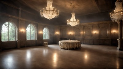 HQ,day,indoors,no humans,window,chair,table,sunlight,scenery,reflection,light rays,stairs,fantasy,light,lamp,candle,architecture,sunbeam,ceiling,church,arch,ceiling light,reflective floor,chandelier,blurry,wooden floor,door,candlestand