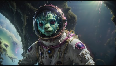 1girl,solo,looking at viewer,red eyes,upper body,sky,teeth,cloud,torn clothes,colored skin,helmet,sharp teeth,1other,science fiction,light rays,realistic,space,green skin,planet,alien,spacesuit,space helmet,astronaut,jewelry,necklace,tree,no humans,skull,monster,fantasy