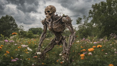 solo, flower, outdoors, sky, cloud, tree, no humans, cloudy sky, grass, robot, nature, forest, science fiction, skull, field, skeleton, orange flower