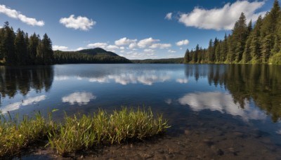 outdoors,sky,day,cloud,water,tree,blue sky,no humans,cloudy sky,grass,nature,scenery,forest,reflection,river,landscape,lake,reflective water,mountain