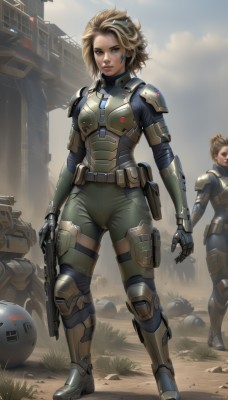 1girl,breasts,looking at viewer,short hair,multiple girls,blonde hair,brown hair,gloves,holding,2girls,brown eyes,standing,full body,weapon,boots,outdoors,sky,solo focus,belt,cloud,holding weapon,armor,lips,gun,bodysuit,robot,holding gun,rifle,handgun,science fiction,pouch,realistic,assault rifle,pilot suit,power armor,parted lips,day,goggles,armored boots,dirty